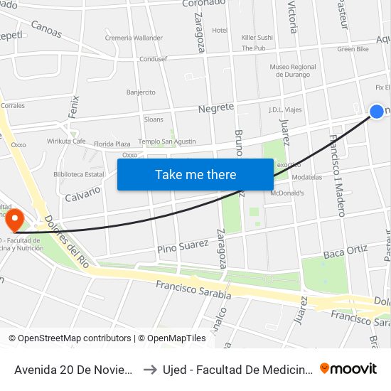 Avenida 20 De Noviembre, 208d to Ujed - Facultad De Medicina Y Nutrición map