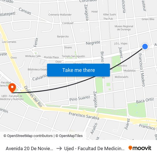 Avenida 20 De Noviembre, 311 to Ujed - Facultad De Medicina Y Nutrición map