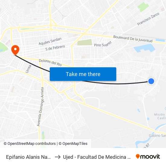 Epifanio Alanis Navar, 107 to Ujed - Facultad De Medicina Y Nutrición map