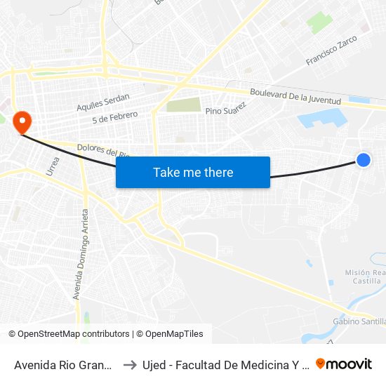 Avenida Rio Grande, 109 to Ujed - Facultad De Medicina Y Nutrición map