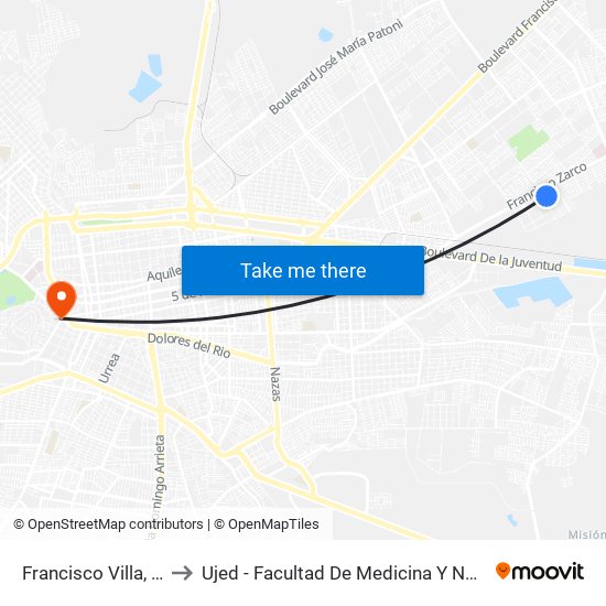 Francisco Villa, 112 to Ujed - Facultad De Medicina Y Nutrición map