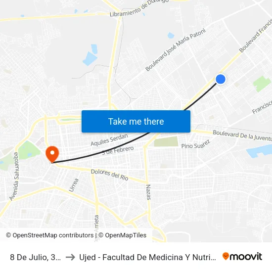 8 De Julio, 306 to Ujed - Facultad De Medicina Y Nutrición map