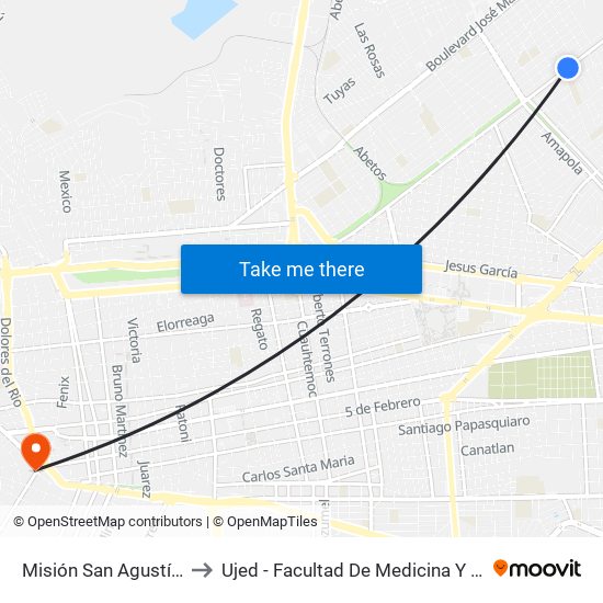 Misión San Agustín, 107 to Ujed - Facultad De Medicina Y Nutrición map