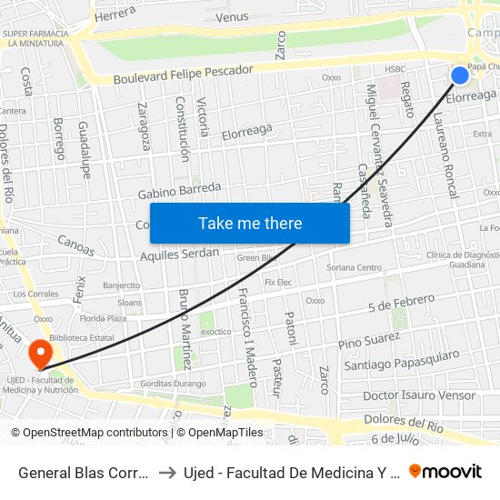 General Blas Corral, 521 to Ujed - Facultad De Medicina Y Nutrición map