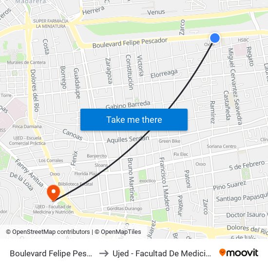 Boulevard Felipe Pescador, 202a to Ujed - Facultad De Medicina Y Nutrición map