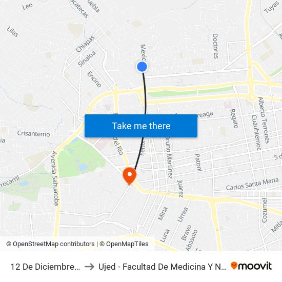 12 De Diciembre, 209 to Ujed - Facultad De Medicina Y Nutrición map