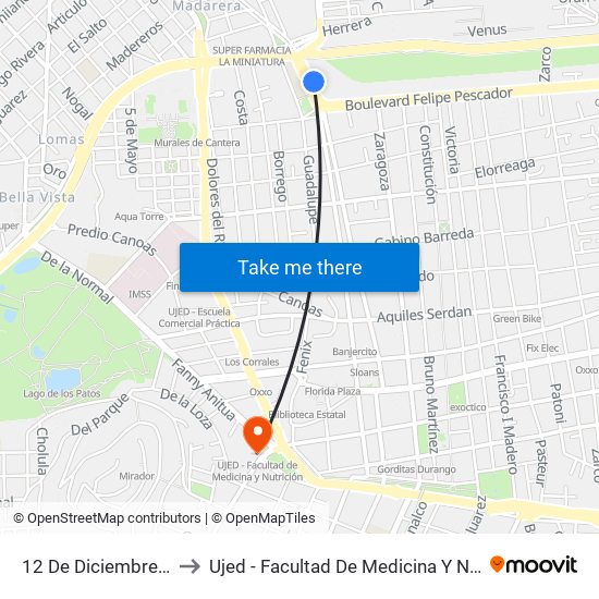 12 De Diciembre, 730 to Ujed - Facultad De Medicina Y Nutrición map
