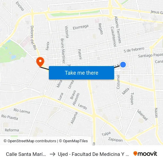 Calle Santa María, 910 to Ujed - Facultad De Medicina Y Nutrición map