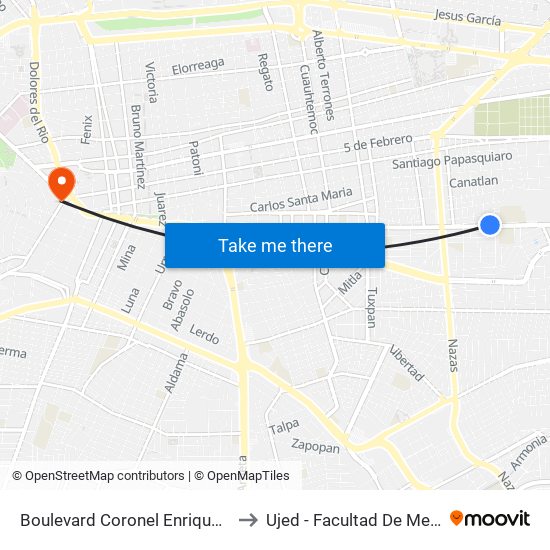 Boulevard Coronel Enrique Carrola Antuna, 331 to Ujed - Facultad De Medicina Y Nutrición map