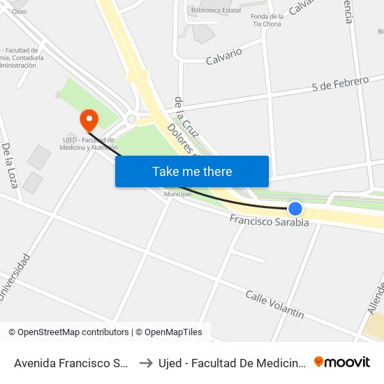 Avenida Francisco Sarabia, 324 to Ujed - Facultad De Medicina Y Nutrición map