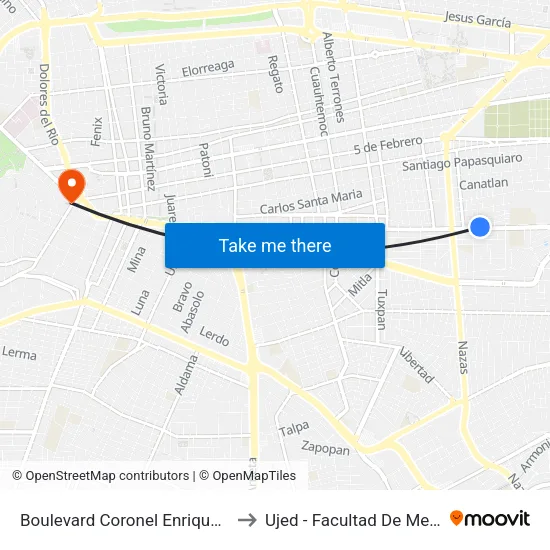 Boulevard Coronel Enrique Carrola Antuna, 220 to Ujed - Facultad De Medicina Y Nutrición map