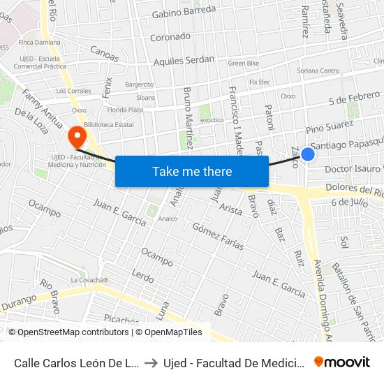 Calle Carlos León De La Peńa, 517 to Ujed - Facultad De Medicina Y Nutrición map