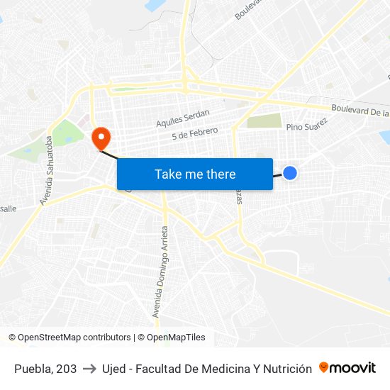 Puebla, 203 to Ujed - Facultad De Medicina Y Nutrición map