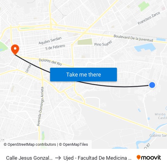 Calle Jesus Gonzalez, 425 to Ujed - Facultad De Medicina Y Nutrición map