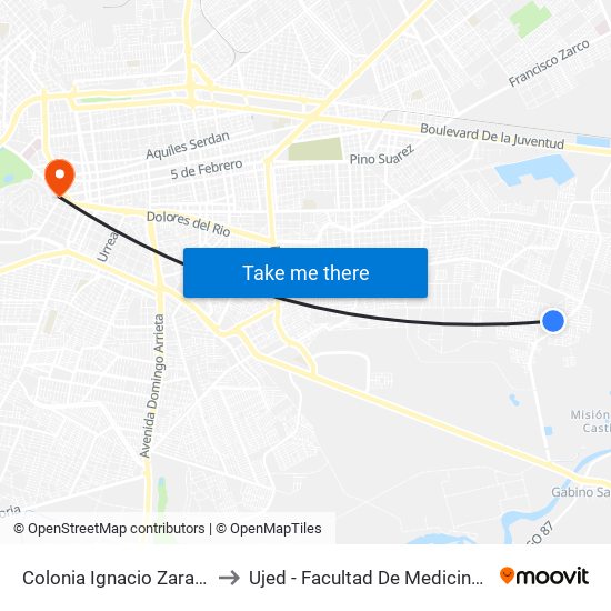 Colonia Ignacio Zaragoza, 336 to Ujed - Facultad De Medicina Y Nutrición map