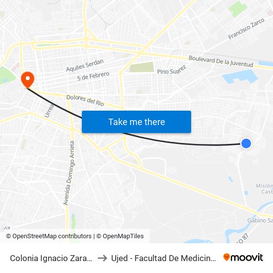Colonia Ignacio Zaragoza, 322 to Ujed - Facultad De Medicina Y Nutrición map
