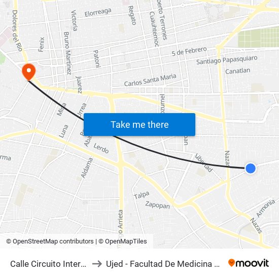 Calle Circuito Interior, 100 to Ujed - Facultad De Medicina Y Nutrición map