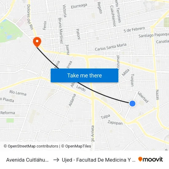 Avenida Cuitláhuac, 313 to Ujed - Facultad De Medicina Y Nutrición map