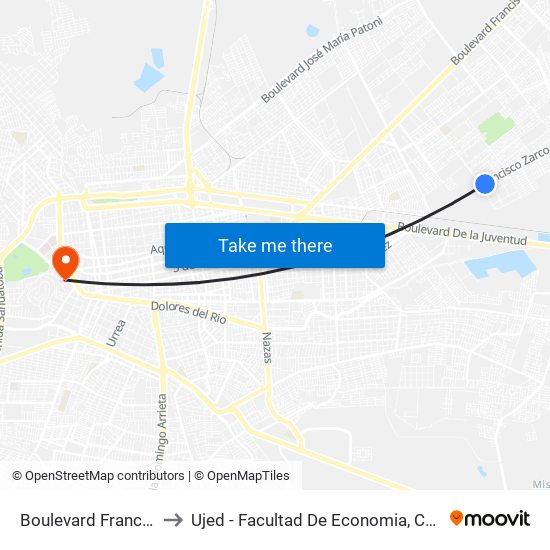 Boulevard Francisco Zarco, 307 to Ujed - Facultad De Economia, Contaduría Y Administración map