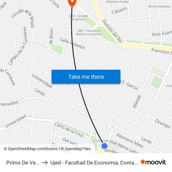 Primo De Verdad, 108 to Ujed - Facultad De Economia, Contaduría Y Administración map