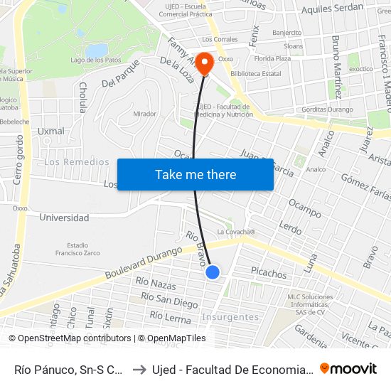 Río Pánuco, Sn-S Casa De La Cristiandad to Ujed - Facultad De Economia, Contaduría Y Administración map