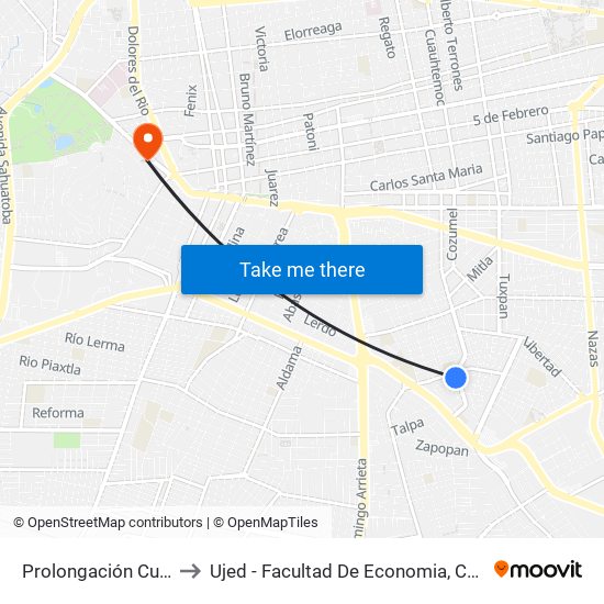 Prolongación Cuauhtémoc, 508 to Ujed - Facultad De Economia, Contaduría Y Administración map