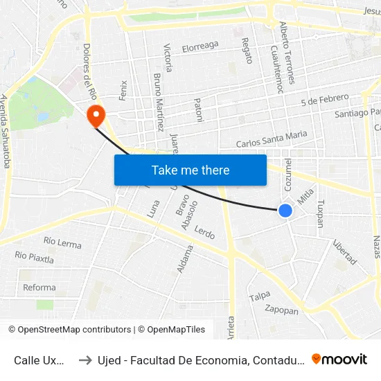 Calle Uxmal, 807 to Ujed - Facultad De Economia, Contaduría Y Administración map
