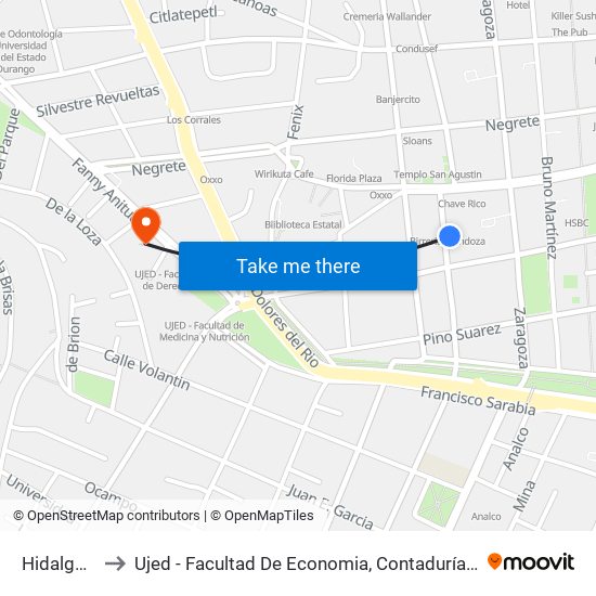 Hidalgo, 321 to Ujed - Facultad De Economia, Contaduría Y Administración map