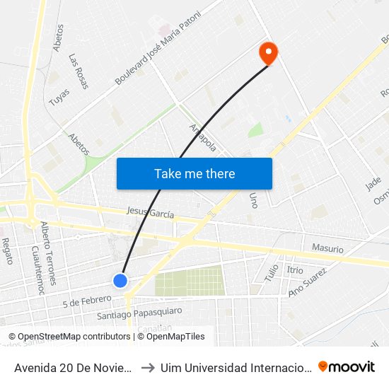 Avenida 20 De Noviembre, 1701 to Uim Universidad Internacional Mexicana map
