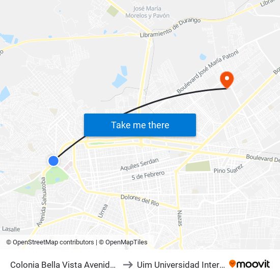 Colonia Bella Vista Avenida Colegio Durango, 400 to Uim Universidad Internacional Mexicana map