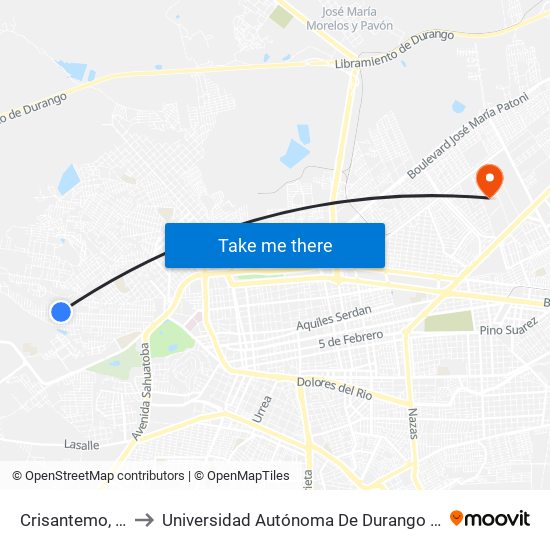 Crisantemo, 112 to Universidad Autónoma De Durango (Lobos) map