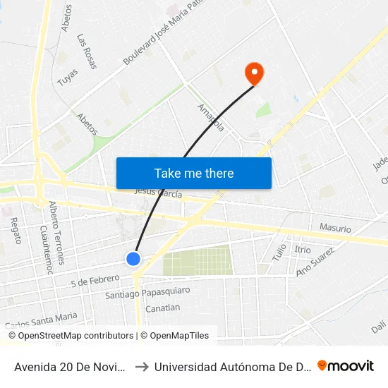 Avenida 20 De Noviembre, 1906 to Universidad Autónoma De Durango (Lobos) map