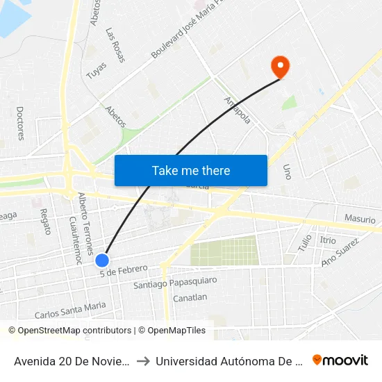 Avenida 20 De Noviembre, 1010-3 to Universidad Autónoma De Durango (Lobos) map