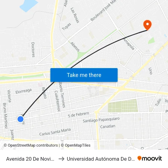 Avenida 20 De Noviembre, 208d to Universidad Autónoma De Durango (Lobos) map