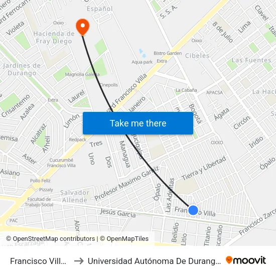 Francisco Villa, 903 to Universidad Autónoma De Durango (Lobos) map