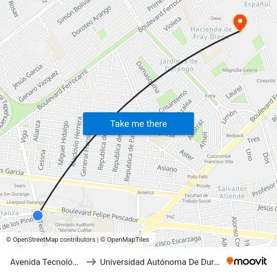 Avenida Tecnológico, 105 to Universidad Autónoma De Durango (Lobos) map