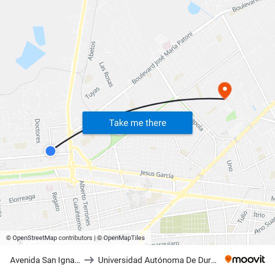 Avenida San Ignacio, 312 to Universidad Autónoma De Durango (Lobos) map