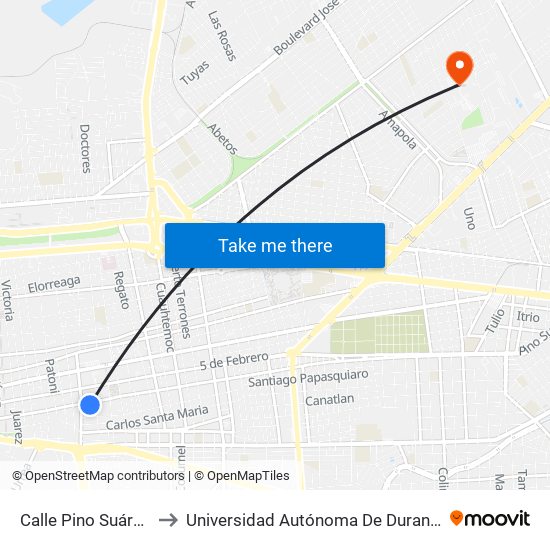 Calle Pino Suárez, 206 to Universidad Autónoma De Durango (Lobos) map