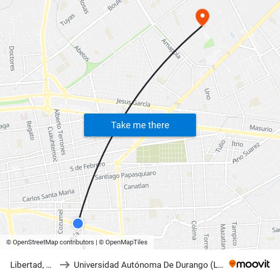 Libertad, 114 to Universidad Autónoma De Durango (Lobos) map