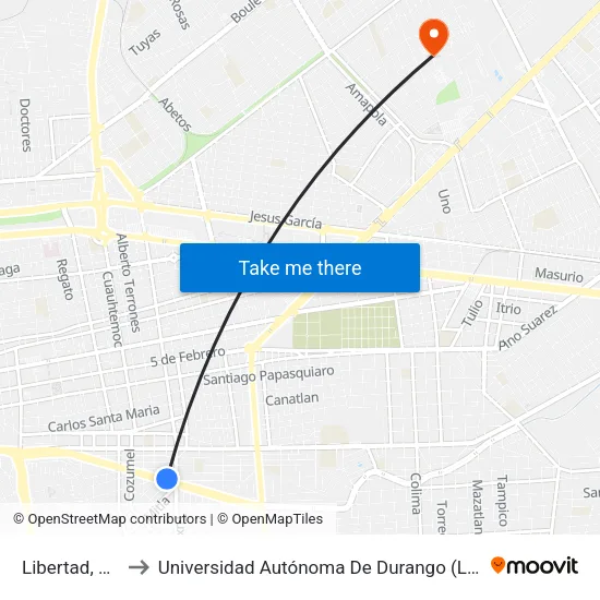 Libertad, 114 to Universidad Autónoma De Durango (Lobos) map