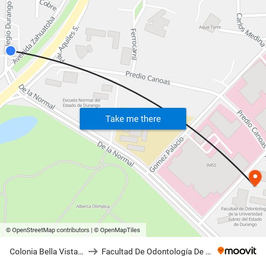 Colonia Bella Vista Avenida Colegio Durango, 400 to Facultad De Odontología De La Universidad Juárez Del Estado De Durango map