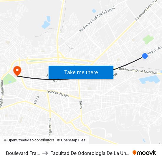 Boulevard Francisco Zarco, 307 to Facultad De Odontología De La Universidad Juárez Del Estado De Durango map
