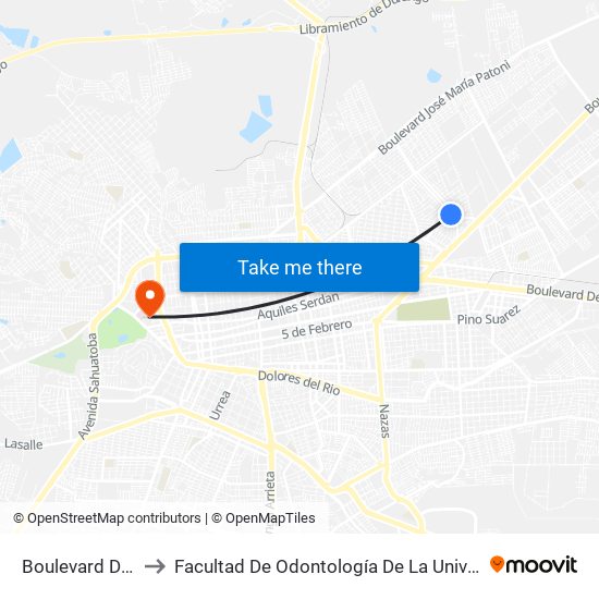 Boulevard De Las Rosas, 35 to Facultad De Odontología De La Universidad Juárez Del Estado De Durango map