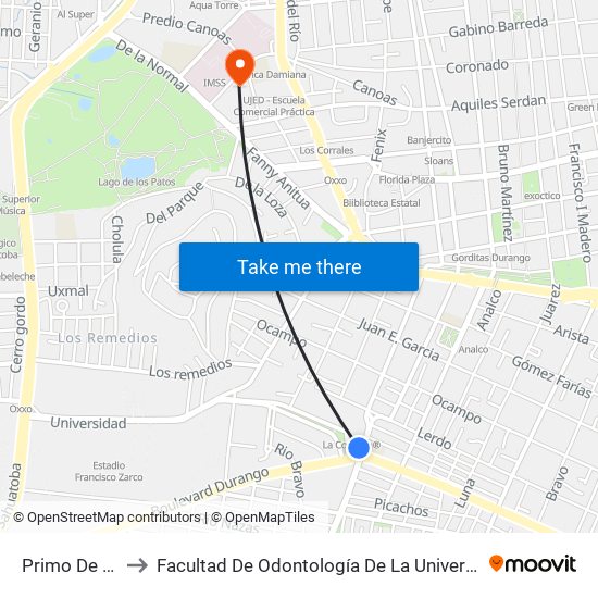 Primo De Verdad, 108 to Facultad De Odontología De La Universidad Juárez Del Estado De Durango map