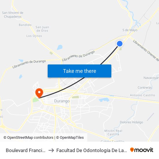 Boulevard Francisco Villa, Sn-S Gasolinera to Facultad De Odontología De La Universidad Juárez Del Estado De Durango map