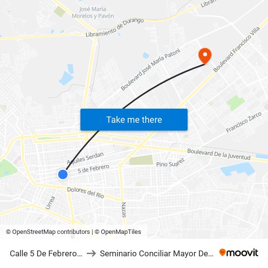 Calle 5 De Febrero, 121a to Seminario Conciliar Mayor De Durango map