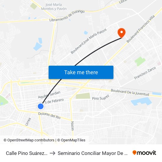 Calle Pino Suárez, 206 to Seminario Conciliar Mayor De Durango map