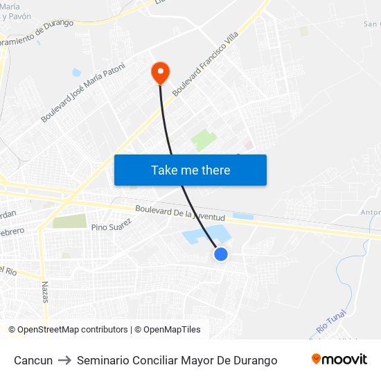 Cancun to Seminario Conciliar Mayor De Durango map
