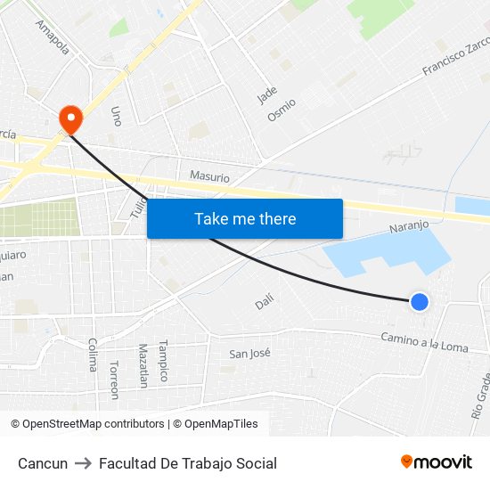 Cancun to Facultad De Trabajo Social map