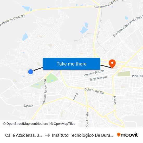Calle Azucenas, 322 to Instituto Tecnologico De Durango map
